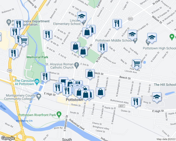 map of restaurants, bars, coffee shops, grocery stores, and more near 261 Beech Street in Pottstown