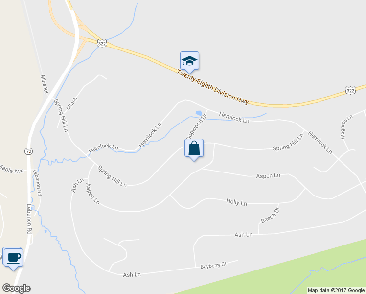 map of restaurants, bars, coffee shops, grocery stores, and more near 631 Spring Hill Lane in Lebanon