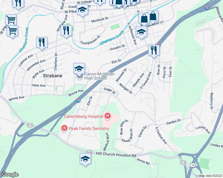 map of restaurants, bars, coffee shops, grocery stores, and more near 128 Cherry Street in Canonsburg