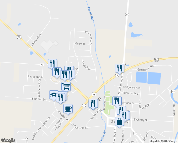 map of restaurants, bars, coffee shops, grocery stores, and more near 283 Dewfall Drive in Sunbury