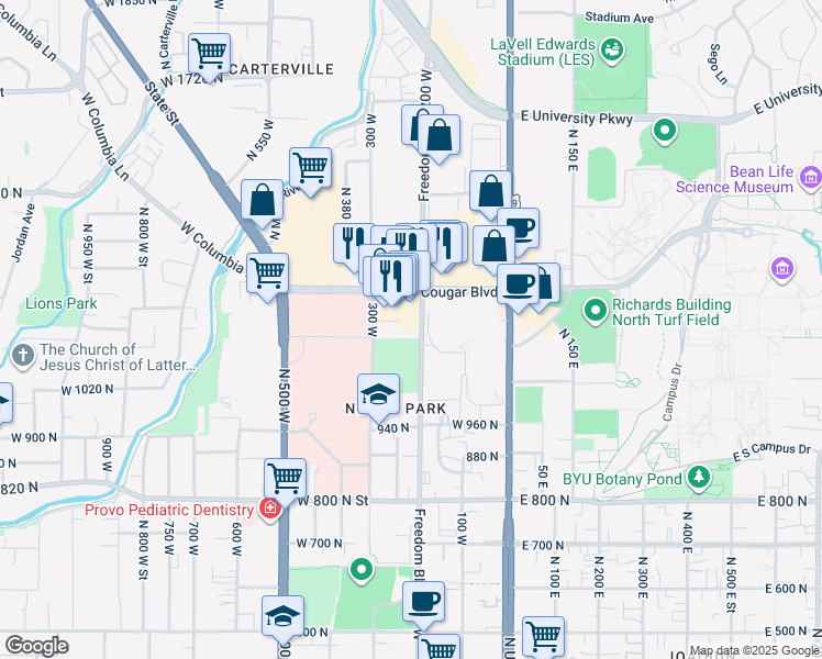map of restaurants, bars, coffee shops, grocery stores, and more near 1155 N Freedom Blvd in Provo