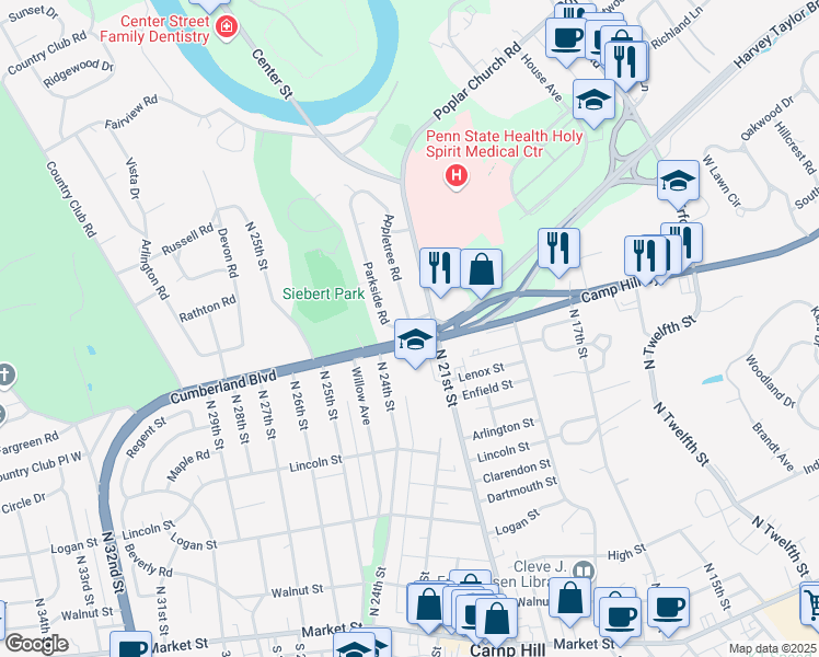 map of restaurants, bars, coffee shops, grocery stores, and more near 2201 Parkside Road in Camp Hill