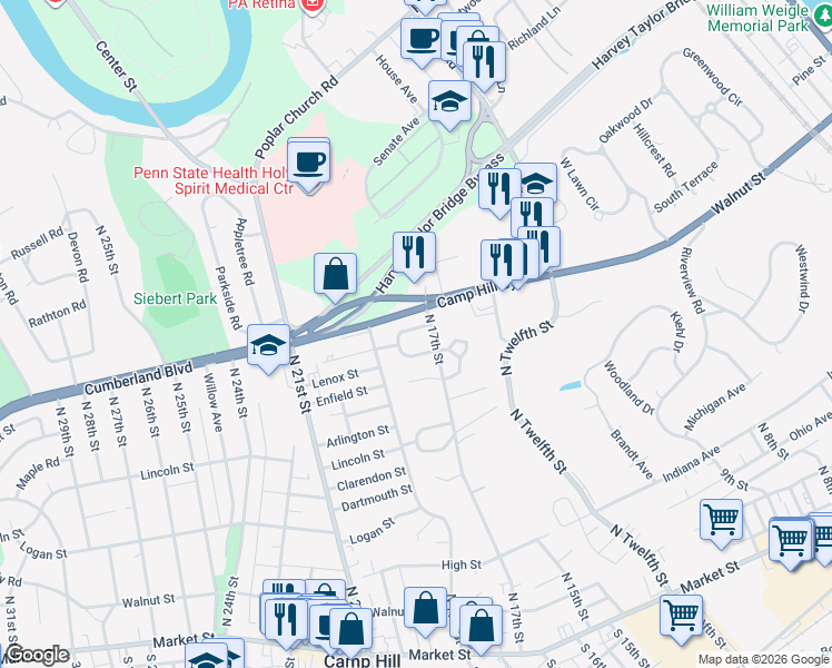map of restaurants, bars, coffee shops, grocery stores, and more near 1718 Cornell Road in Camp Hill