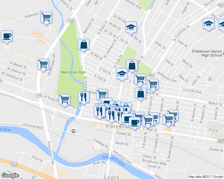 map of restaurants, bars, coffee shops, grocery stores, and more near 128 Beech Street in Pottstown
