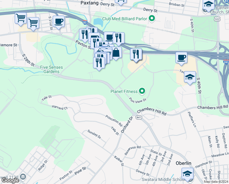 map of restaurants, bars, coffee shops, grocery stores, and more near 1911 North Harrisburg Street in Harrisburg