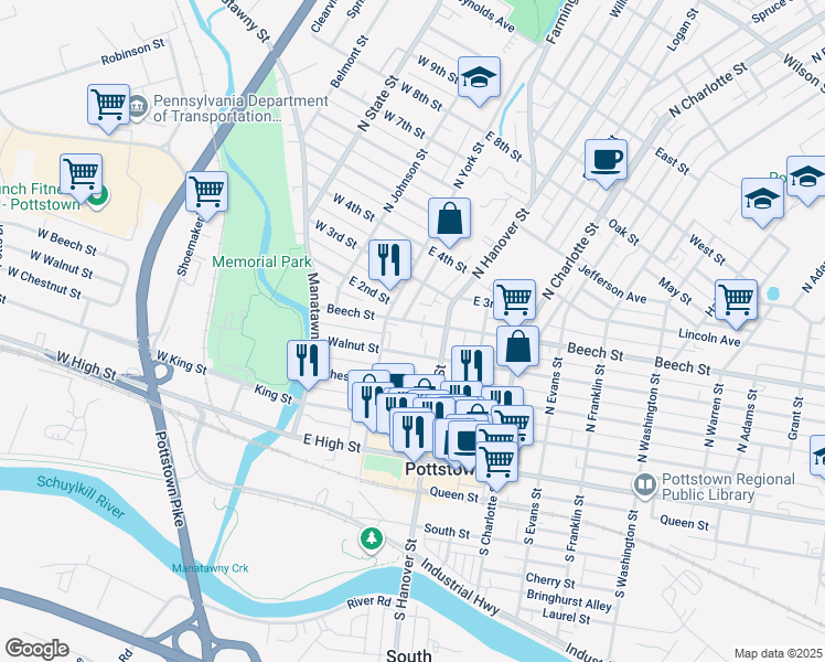 map of restaurants, bars, coffee shops, grocery stores, and more near 128 Beech Street in Pottstown