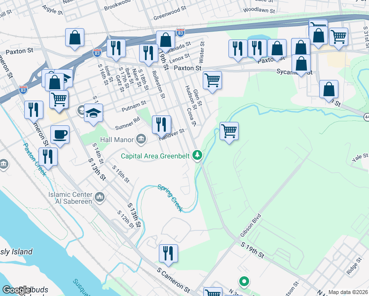 map of restaurants, bars, coffee shops, grocery stores, and more near 1340 South 19th Street in Harrisburg