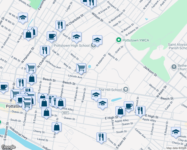 map of restaurants, bars, coffee shops, grocery stores, and more near 661 Jefferson Avenue in Pottstown