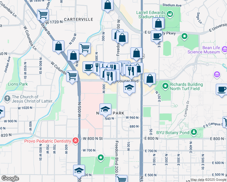 map of restaurants, bars, coffee shops, grocery stores, and more near 1155 North Freedom Boulevard in Provo