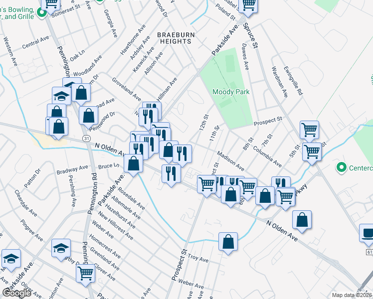 map of restaurants, bars, coffee shops, grocery stores, and more near 1575 13th Street in Ewing Township