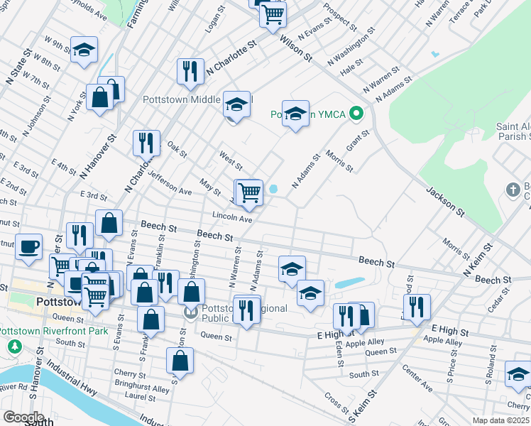 map of restaurants, bars, coffee shops, grocery stores, and more near 340 Warren Street in Pottstown