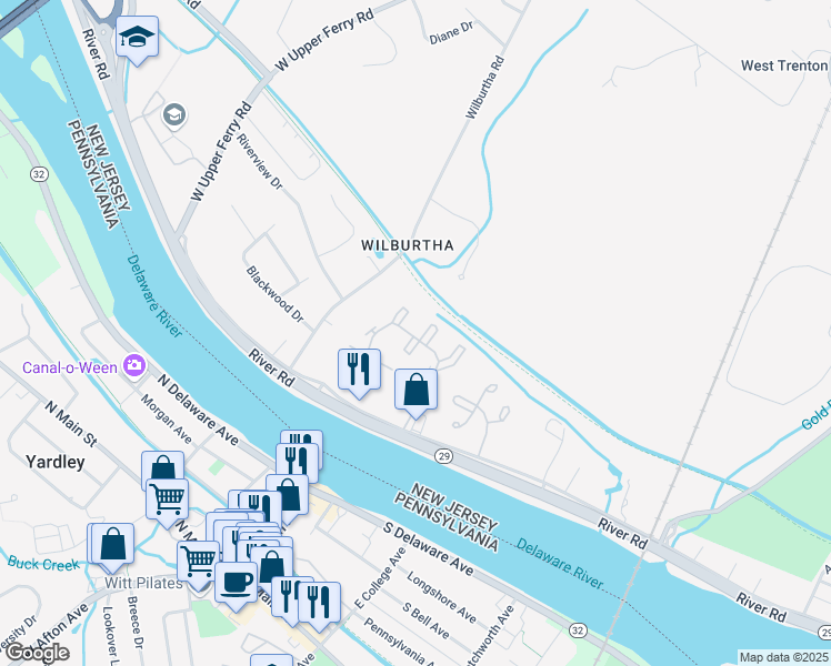 map of restaurants, bars, coffee shops, grocery stores, and more near 1612 Country Lane in Ewing Township