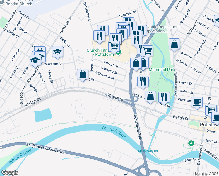 map of restaurants, bars, coffee shops, grocery stores, and more near 320 W King St in Pottstown