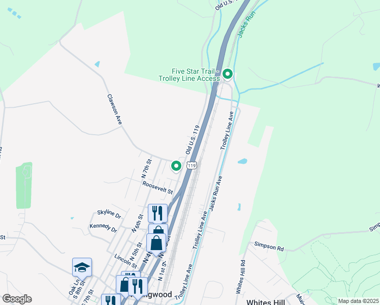 map of restaurants, bars, coffee shops, grocery stores, and more near 650 Overhead Bridge Road in Youngwood