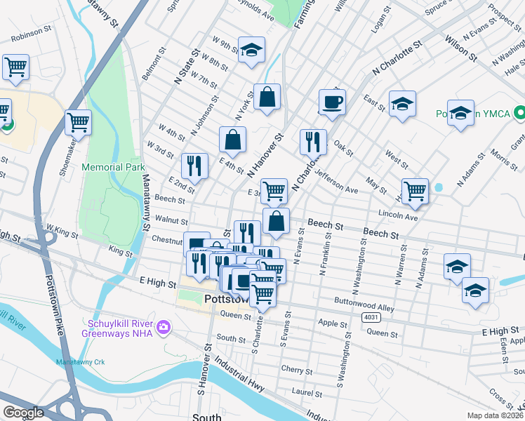 map of restaurants, bars, coffee shops, grocery stores, and more near 249 Beech Street in Pottstown