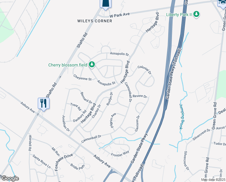 map of restaurants, bars, coffee shops, grocery stores, and more near 112 Roslyn Drive in Tinton Falls