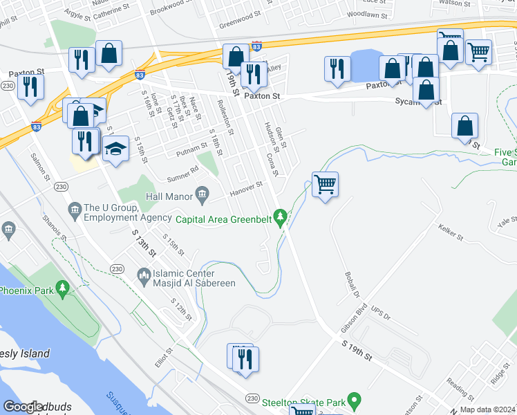 map of restaurants, bars, coffee shops, grocery stores, and more near 1335 Rolleston Street in Harrisburg