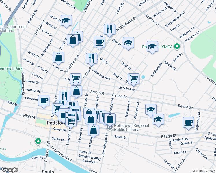 map of restaurants, bars, coffee shops, grocery stores, and more near 434 Lincoln Avenue in Pottstown