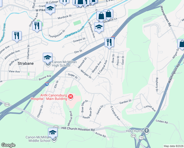 map of restaurants, bars, coffee shops, grocery stores, and more near 627 Marple Avenue in Canonsburg