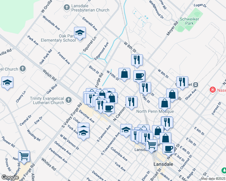 map of restaurants, bars, coffee shops, grocery stores, and more near 828 W 4th St in Lansdale