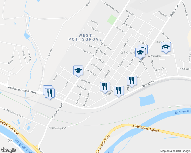 map of restaurants, bars, coffee shops, grocery stores, and more near 101 Howard Street in Pottstown