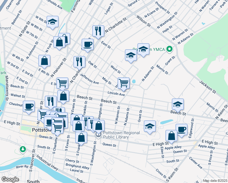 map of restaurants, bars, coffee shops, grocery stores, and more near 537 Lincoln Avenue in Pottstown