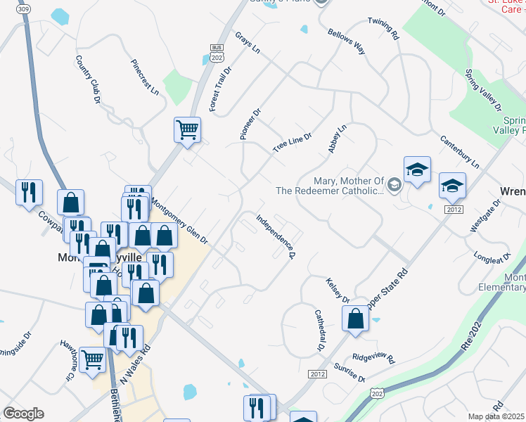 map of restaurants, bars, coffee shops, grocery stores, and more near 1201 Braxton Court in North Wales