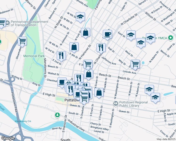 map of restaurants, bars, coffee shops, grocery stores, and more near 213 North Charlotte Street in Pottstown