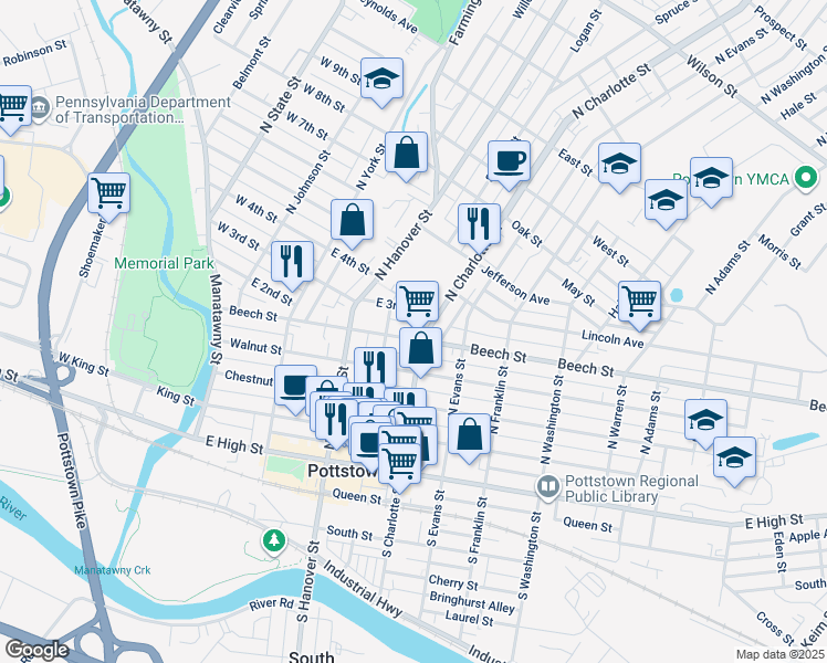 map of restaurants, bars, coffee shops, grocery stores, and more near 213 North Charlotte Street in Pottstown