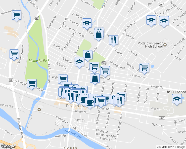 map of restaurants, bars, coffee shops, grocery stores, and more near 263 Beech Street in Pottstown