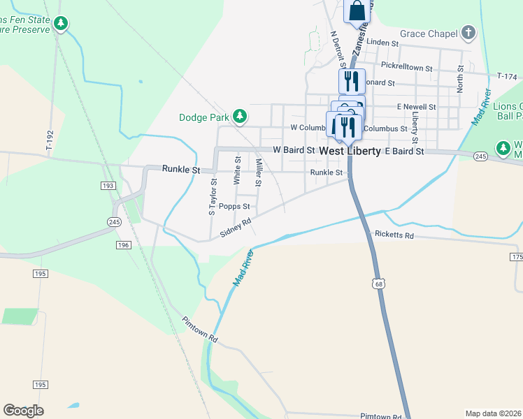 map of restaurants, bars, coffee shops, grocery stores, and more near 237 Miller Street in West Liberty