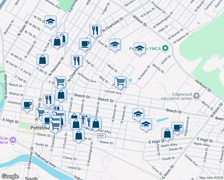 map of restaurants, bars, coffee shops, grocery stores, and more near 555 Lincoln Avenue in Pottstown