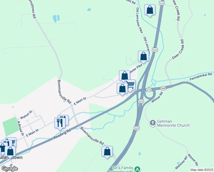 map of restaurants, bars, coffee shops, grocery stores, and more near 2153 Old Lancaster Pike in Reinholds
