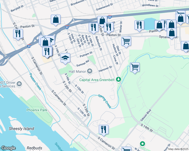 map of restaurants, bars, coffee shops, grocery stores, and more near 36H Hall Manor Place in Harrisburg
