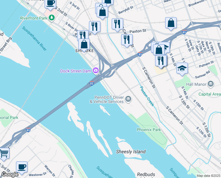 map of restaurants, bars, coffee shops, grocery stores, and more near in Harrisburg