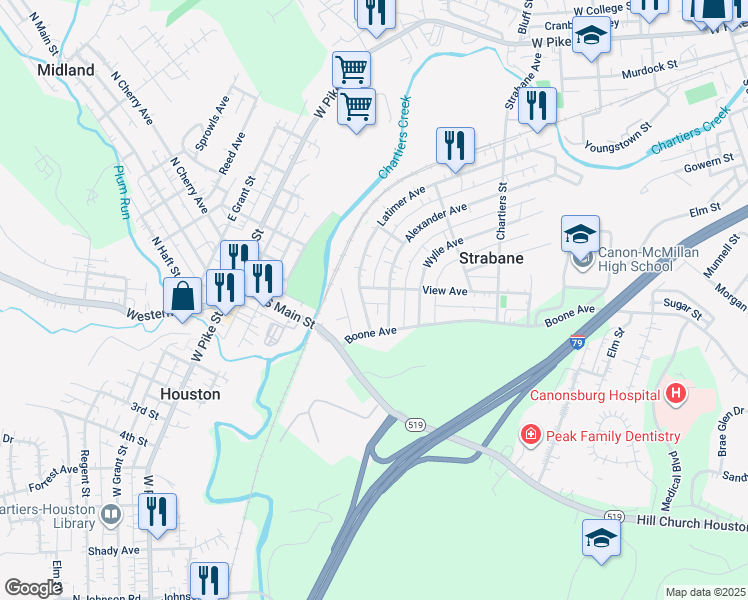 map of restaurants, bars, coffee shops, grocery stores, and more near 108 1/2 View Avenue in Strabane