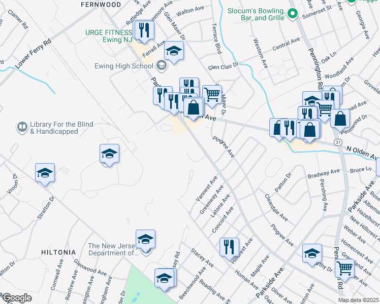 map of restaurants, bars, coffee shops, grocery stores, and more near 11 Ranchwood Drive in Ewing Township