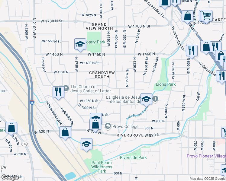 map of restaurants, bars, coffee shops, grocery stores, and more near 1421 West 1150 North Street in Provo