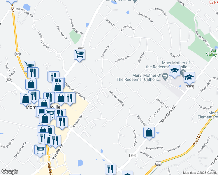 map of restaurants, bars, coffee shops, grocery stores, and more near 1146 Braxton Court in North Wales