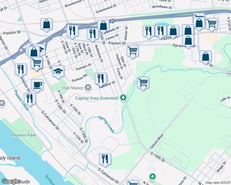 map of restaurants, bars, coffee shops, grocery stores, and more near 1335a Rolleston Street in Harrisburg