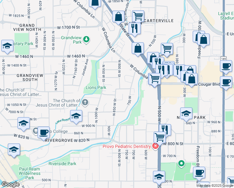 map of restaurants, bars, coffee shops, grocery stores, and more near 1174 North 850 West Street in Provo