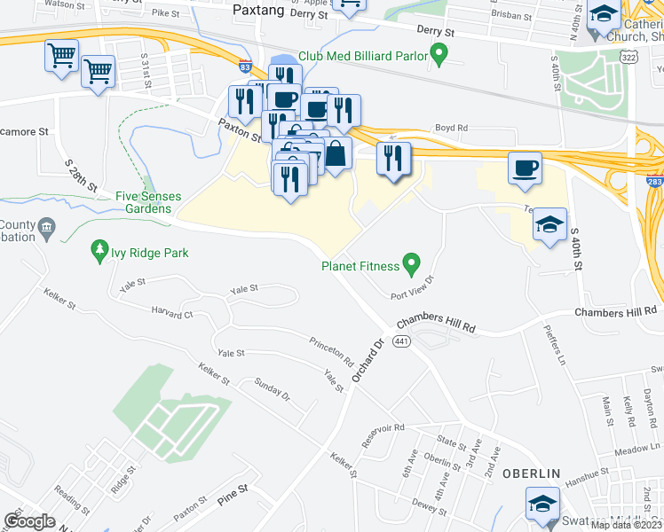 map of restaurants, bars, coffee shops, grocery stores, and more near 1836 North Harrisburg Street in Harrisburg