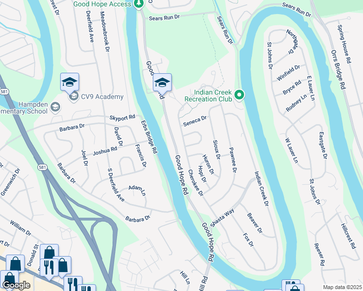 map of restaurants, bars, coffee shops, grocery stores, and more near 427 Cherokee Drive in Mechanicsburg
