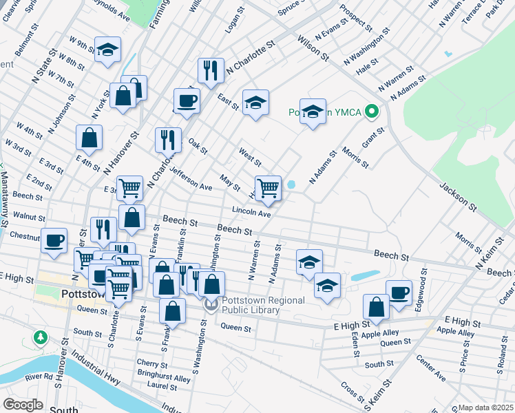 map of restaurants, bars, coffee shops, grocery stores, and more near 555 Lincoln Ave in Pottstown