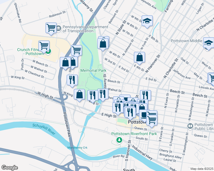 map of restaurants, bars, coffee shops, grocery stores, and more near 14 Union Alley in Pottstown