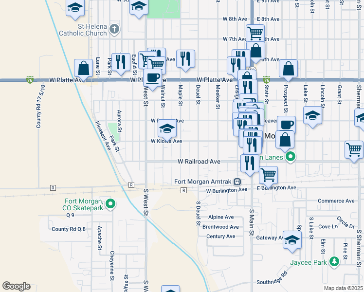 map of restaurants, bars, coffee shops, grocery stores, and more near 222 Maple Street in Fort Morgan