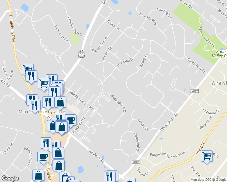 map of restaurants, bars, coffee shops, grocery stores, and more near 1211 Braxton Court in North Wales