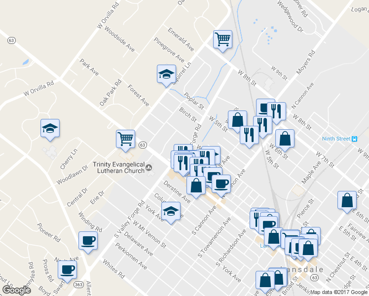 map of restaurants, bars, coffee shops, grocery stores, and more near 206 North Valley Forge Road in Lansdale