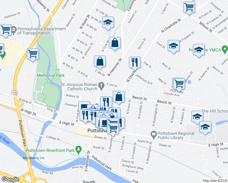 map of restaurants, bars, coffee shops, grocery stores, and more near 237 Beech Street in Pottstown