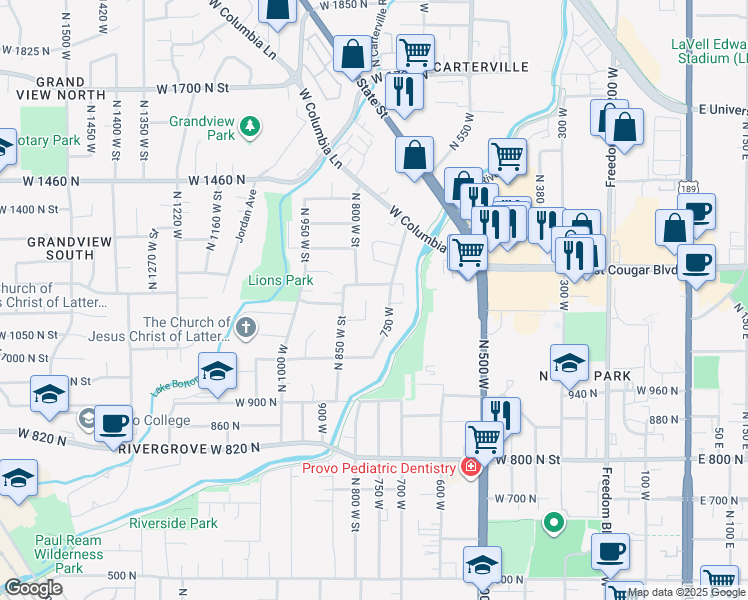 map of restaurants, bars, coffee shops, grocery stores, and more near 1168 North 800 West in Provo